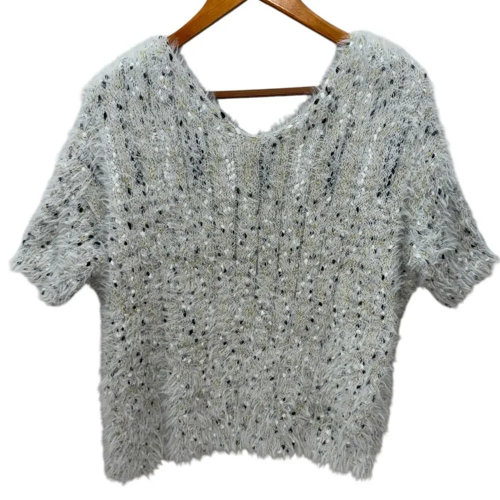 ROFFE Reversible Eyelash Knit Plunge V Neck Short Sleeve Fuzzy Gray Sweater L